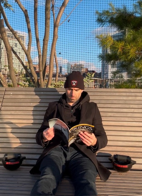 The Ab Shield Boss was inspired by ancient viking shields. This beanie is great for staying warm and outdoor winter reading.